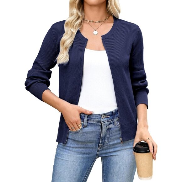 Totatuit Womens Navy Long Sleeves Cardigans Knitted Lightweight Zipper Sweater - Picture 2 of 7